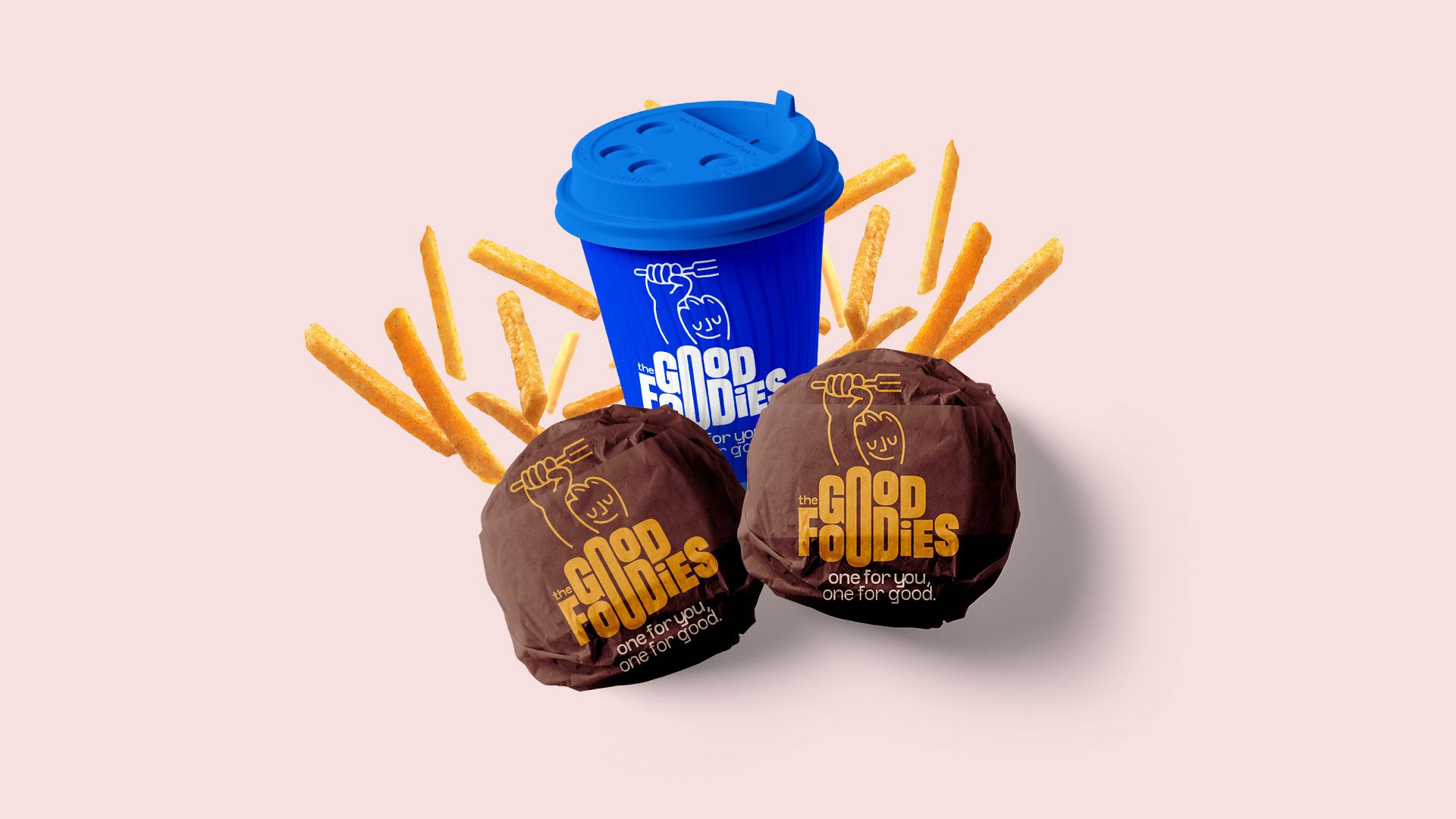 Kaffeebecher, fliegende Pommes und zwei verpackte Burger als Mockup mit GoodFoodies.org-Logo